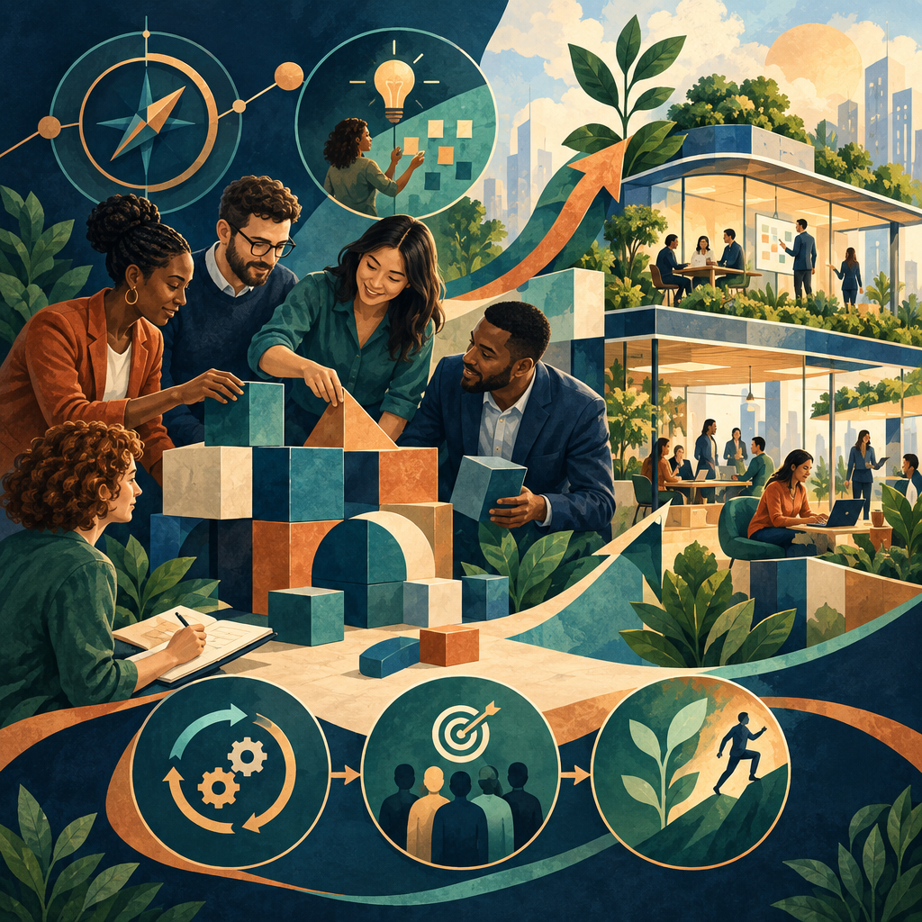 Leaders and coworkers collaboratively improving workplace structures and innovation