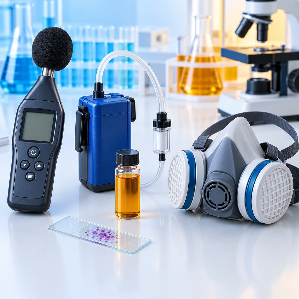 Occupational hygiene testing equipment including sound meter, air sampling pump, and sample vial