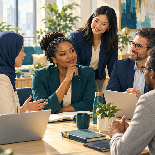 Diverse office professionals collaborating with empathy and trust