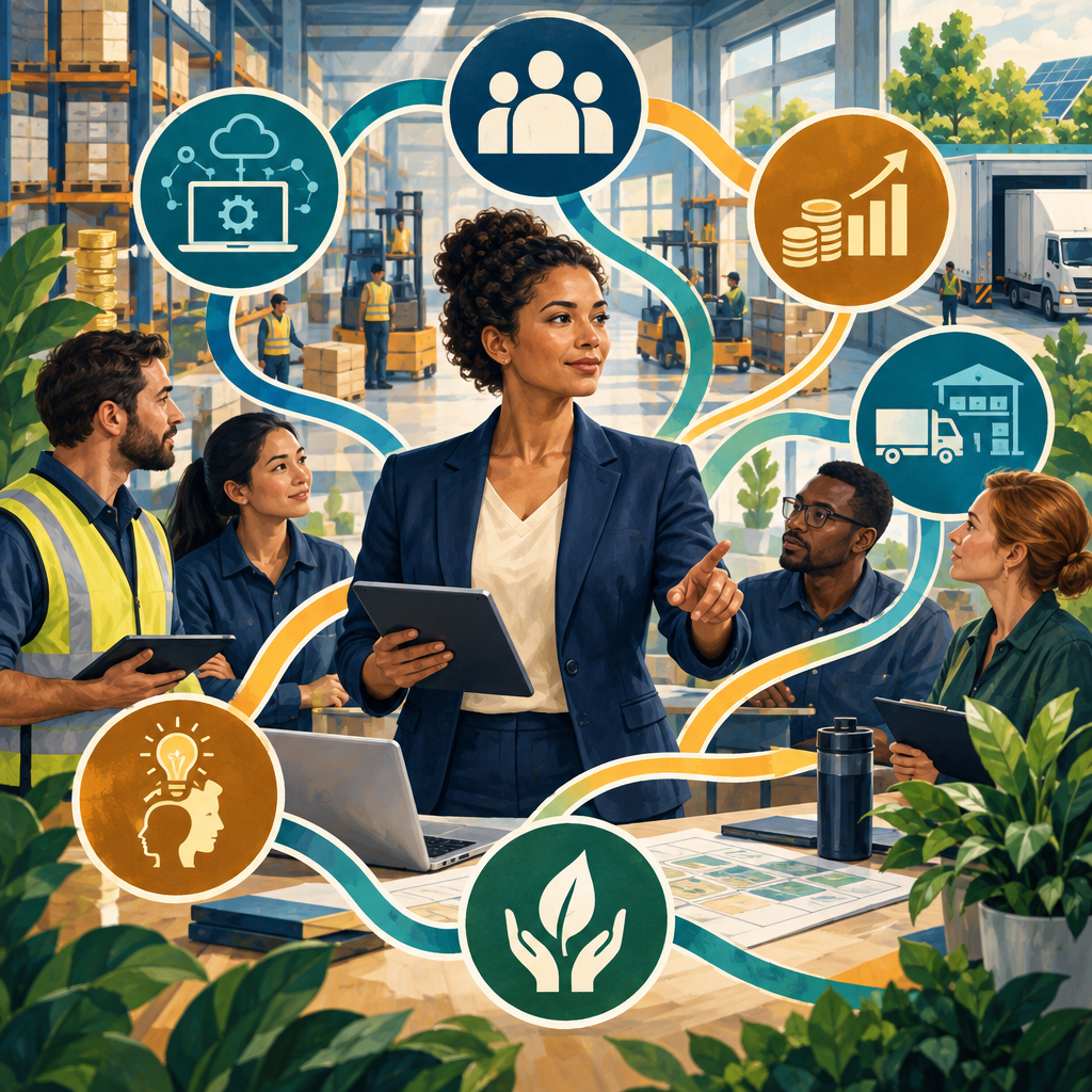 Logistics manager coordinating people, technology and resources in a distribution center
