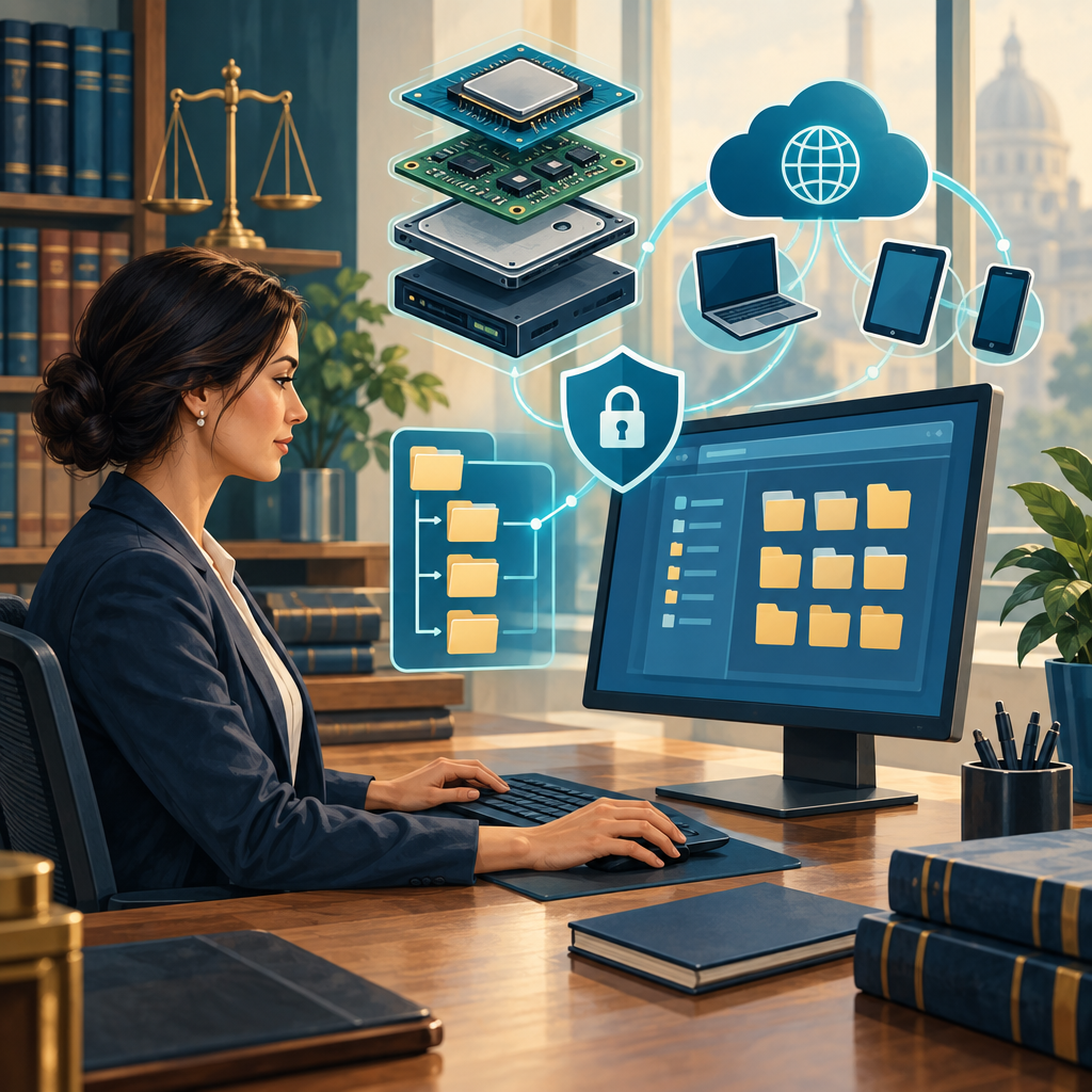 Legal professional using a computer with organized digital files and secure network connections
