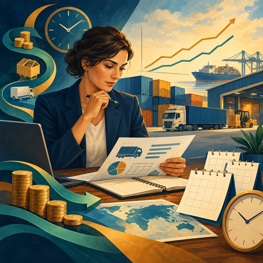 Logistics manager studying financial trends alongside shipping containers and warehouse operations