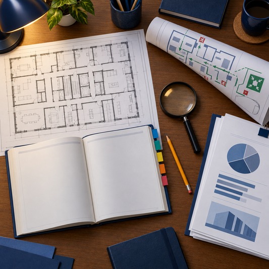 Top-down desk view with technical plans, blank reports, and tools for document analysis