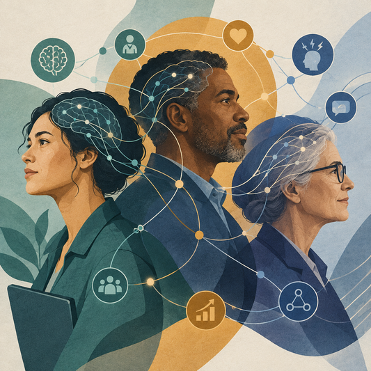 Illustration of diverse worker profiles connected by neural and social network lines