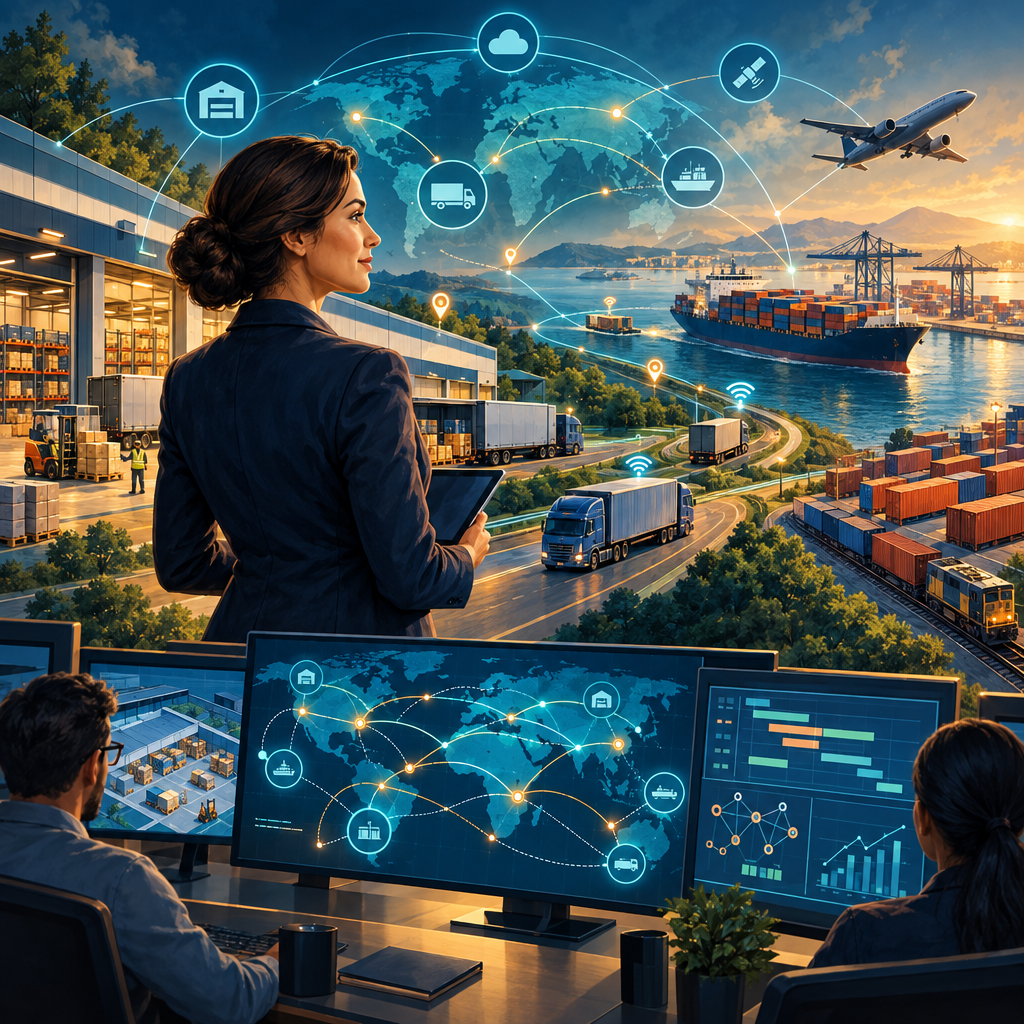 Logistics leader planning an interconnected supply chain from warehouse to delivery
