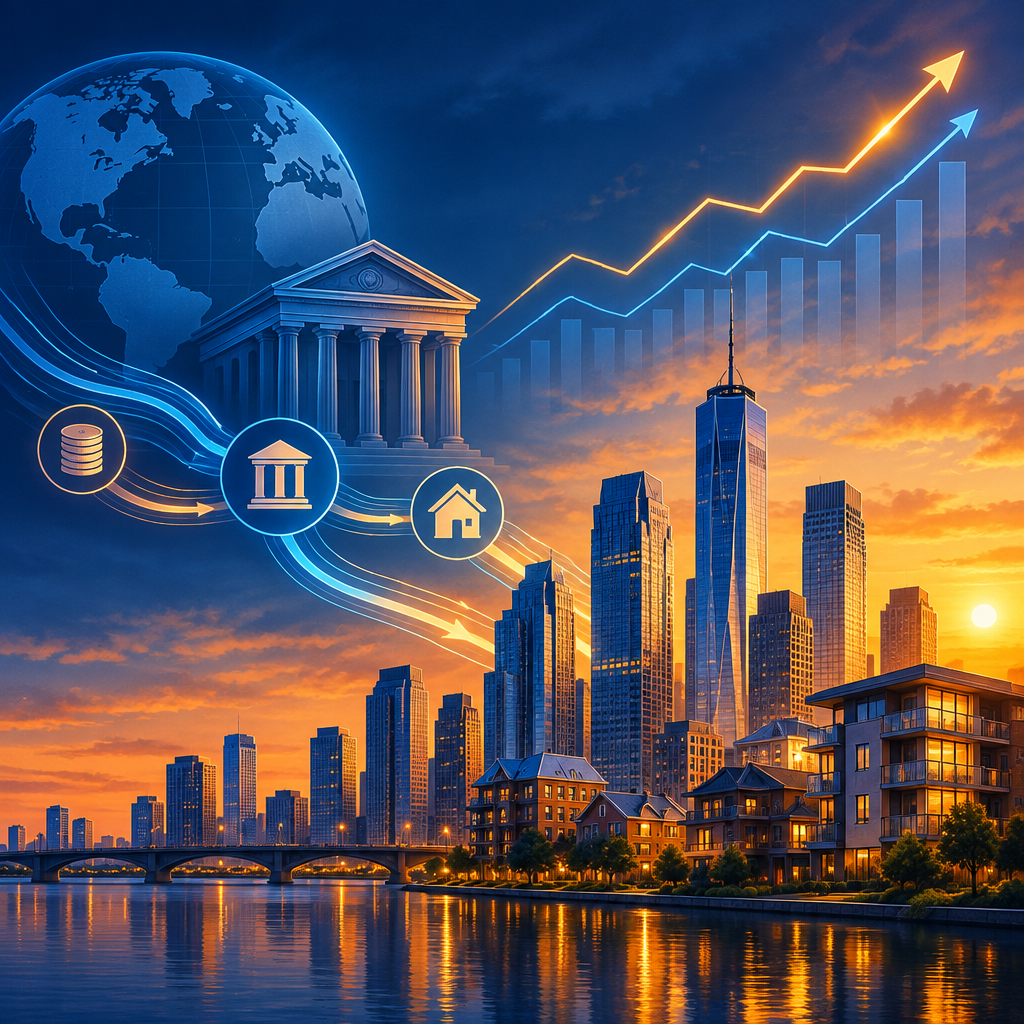 A city skyline at sunset with abstract macroeconomic graph and banking motifs, no text