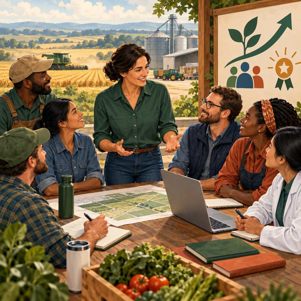 Empathetic leader and diverse agribusiness team planning work together in a rural setting