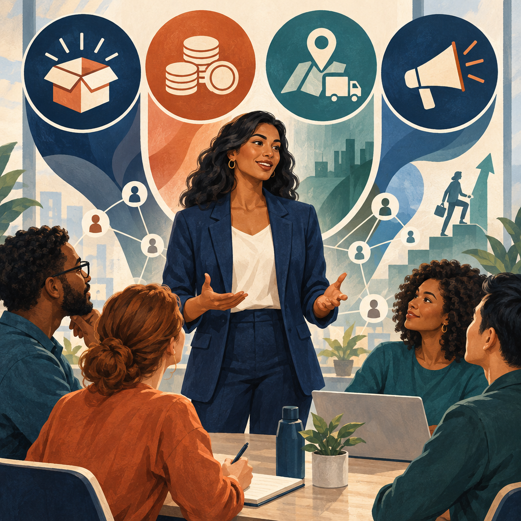 Professional building authentic relationships amid abstract pillars of marketing strategy