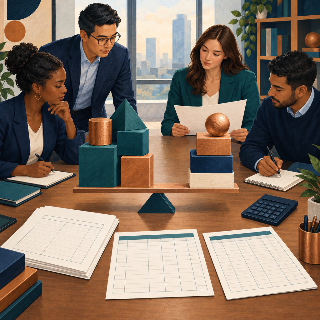 Finance professionals studying balanced assets and obligations with blank financial sheets