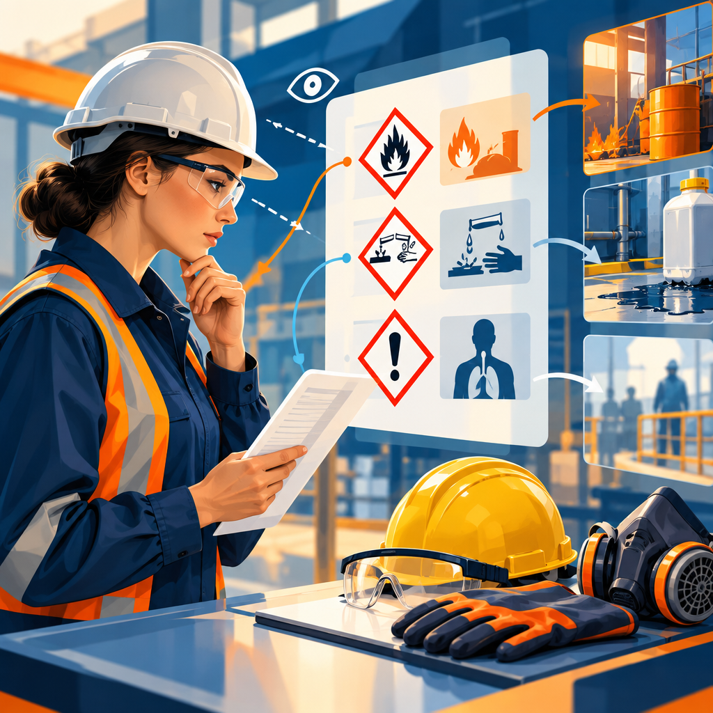 Safety technician interpreting abstract hazard pictograms on a technical document
