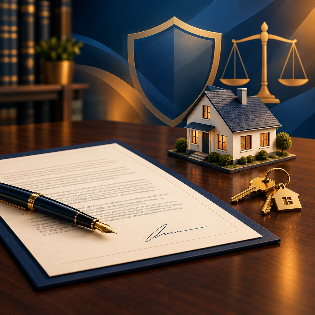 A signed contract with a fountain pen beside a model house and golden keys, with shield and scale motifs, no text