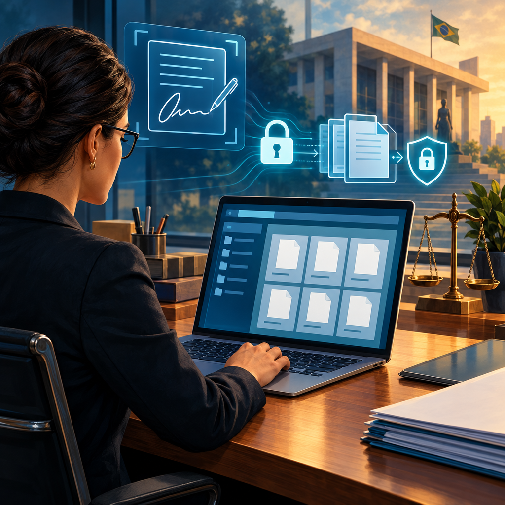 Legal professional working securely with electronic case files in a digital court setting