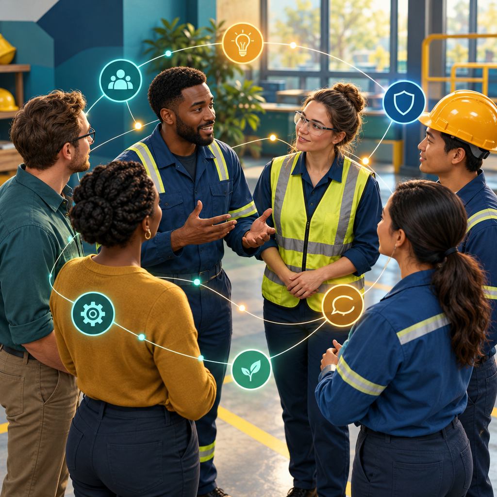 Diverse coworkers sharing safety knowledge in a collaborative workplace huddle