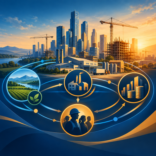 A stylized city skyline with construction cranes and abstract economic flow motifs, no text