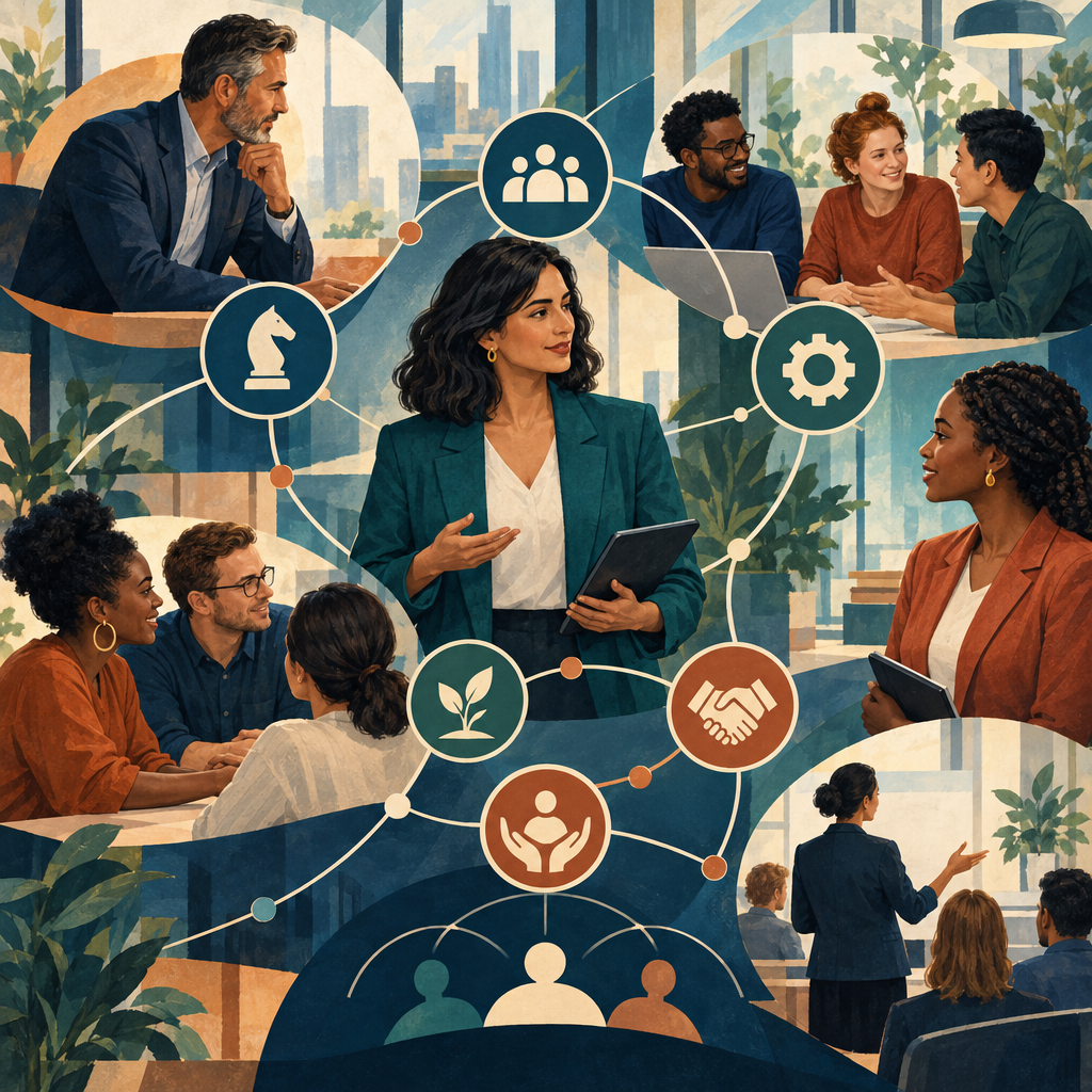 HR professionals connecting organizational leaders and teams through a human-centered network