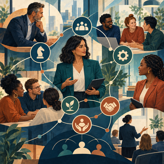 HR professionals connecting organizational leaders and teams through a human-centered network