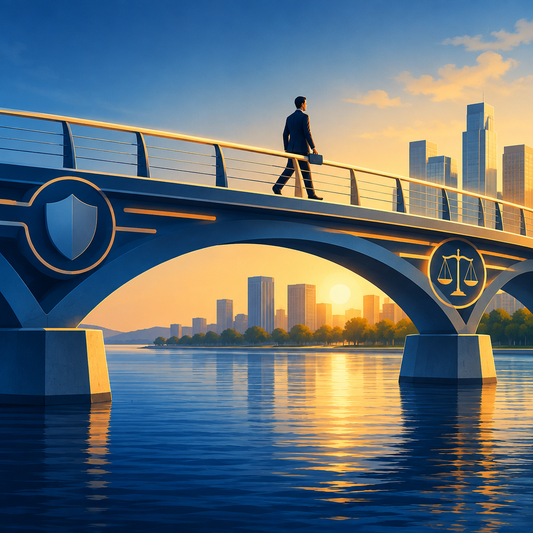 A professional crossing a sturdy bridge with a shield and balance motif, symbolizing ethics as protective barriers, no text