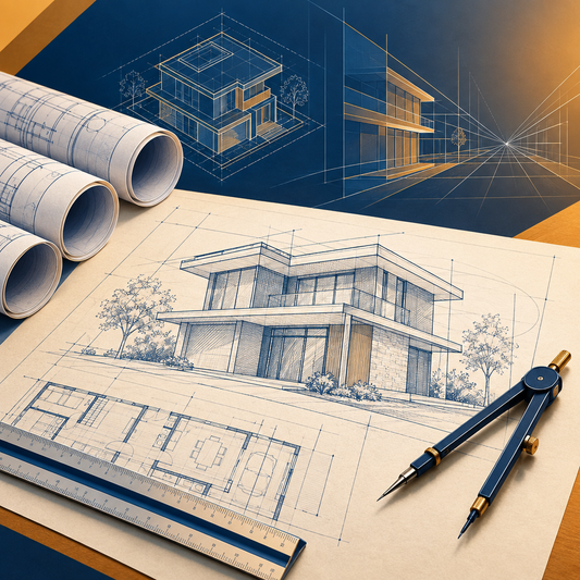 Architectural blueprints and a technical drawing of a modern house with drafting tools, no text